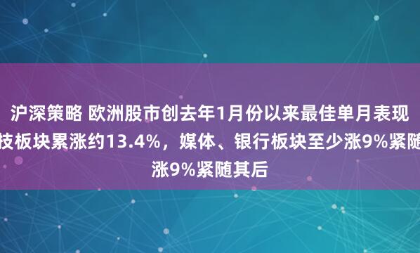 沪深策略 欧洲股市创去年1月份以来最佳单月表现，科技板块累涨约13.4%，媒体、银行板块至少涨9%紧随其后